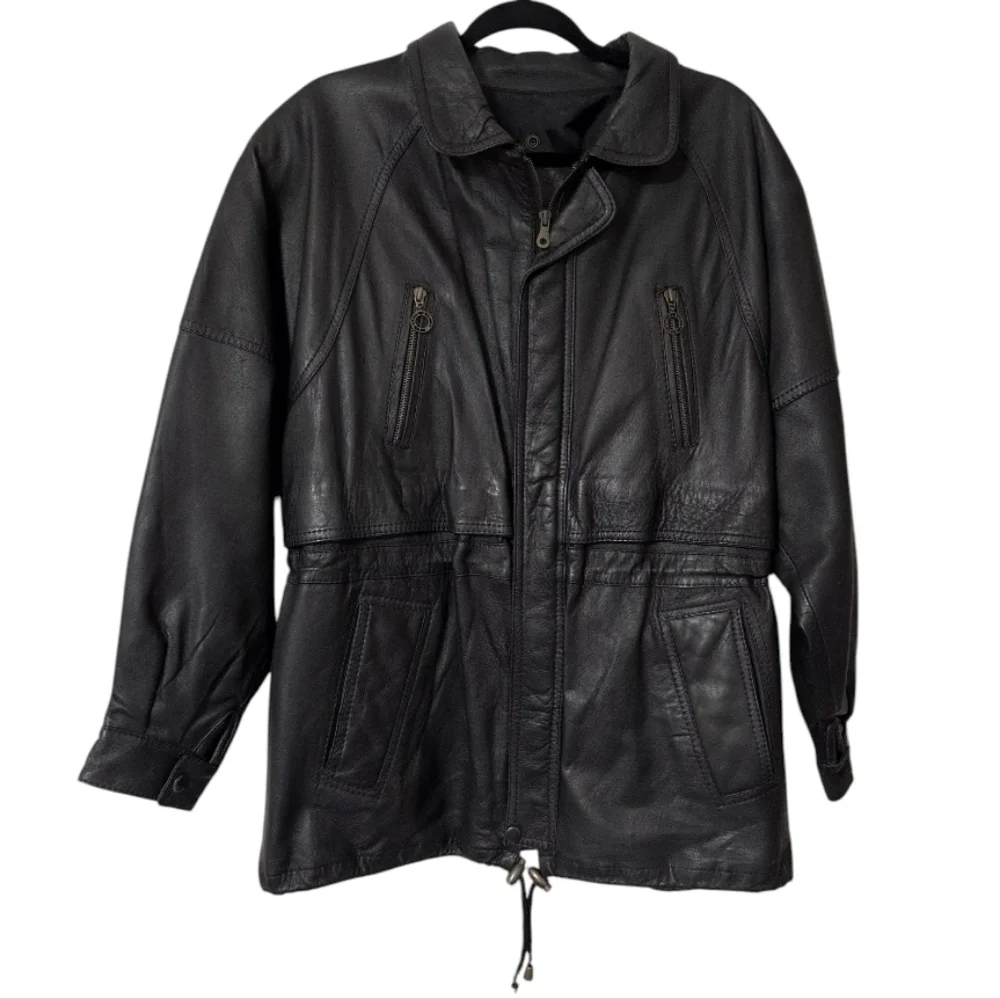 Vintage 80s/90s Men's/ Unisex Black Leather Zip Front Jacket W/ Drawstring